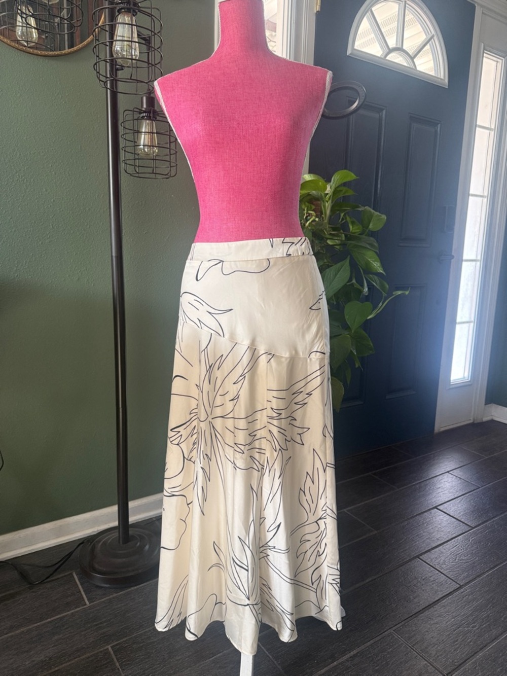 Banana Republic Cream Midi Skirt with Black Floral Outline